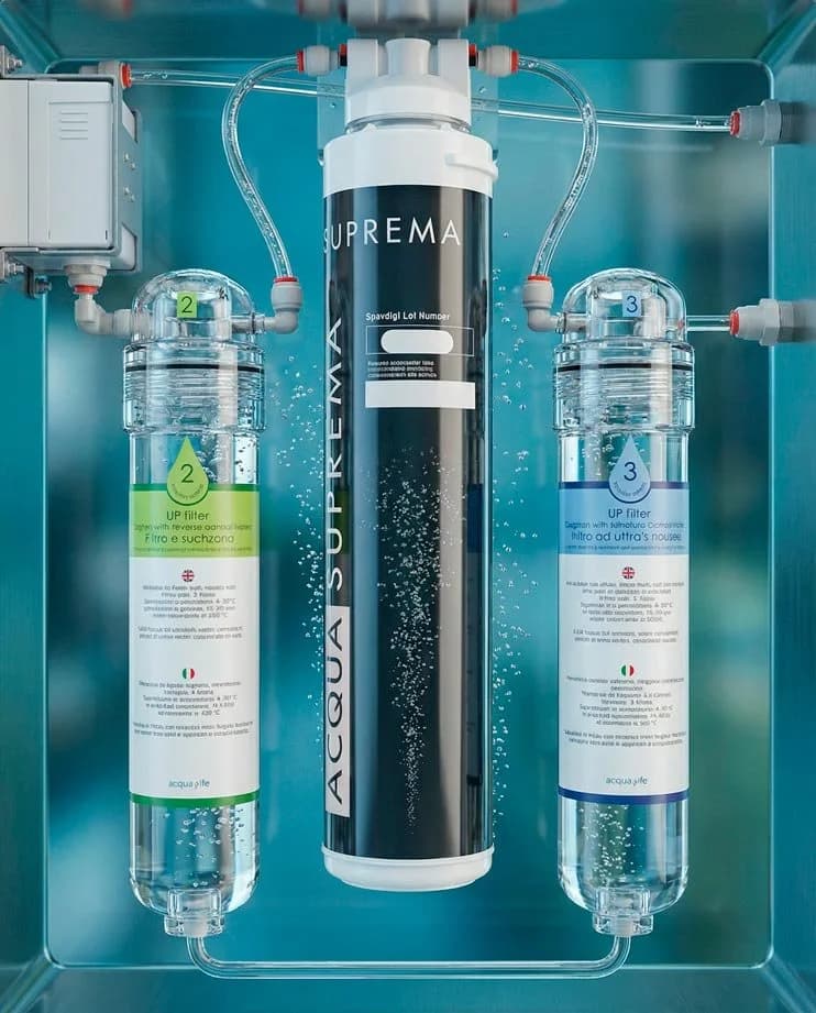 Dettaglio dei filtri di un depuratore Acquasana a osmosi inversa