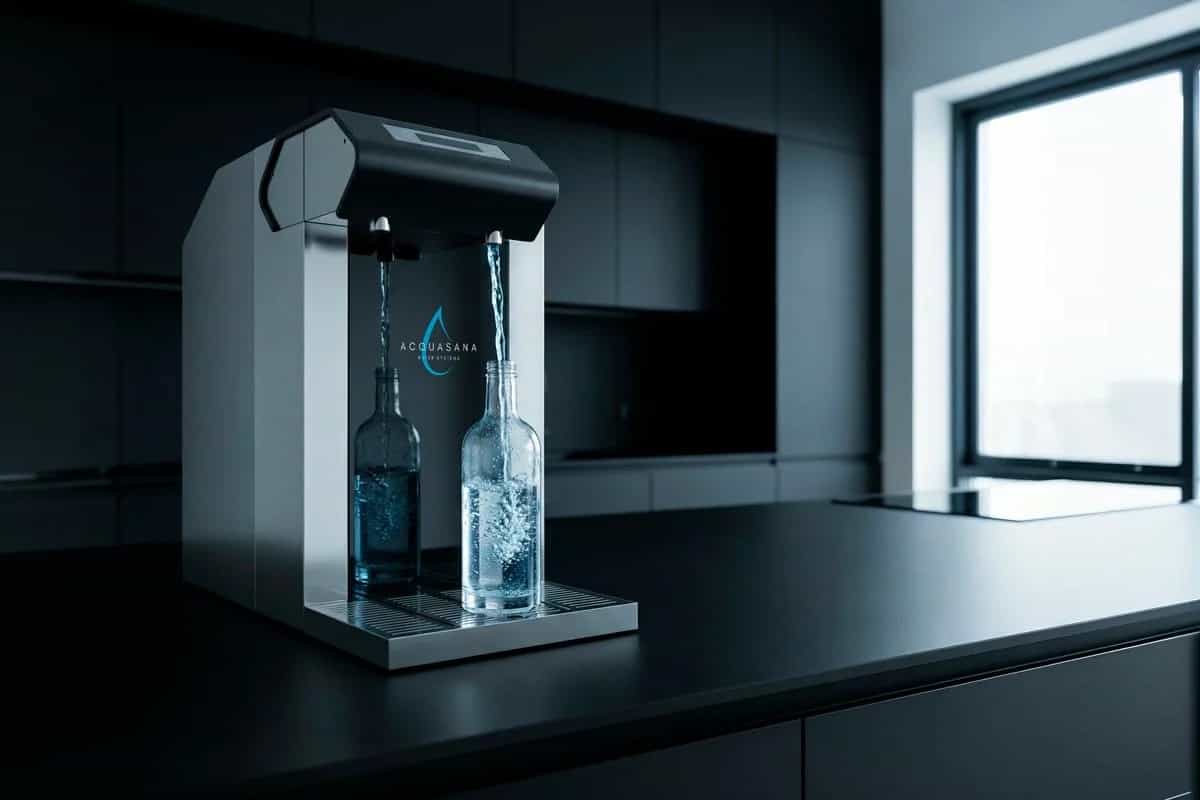 Erogatore Acquasana che versa acqua pura in due bottiglie di vetro